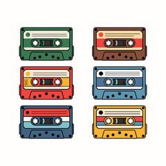 Colorful Retro Cassette Tape Icon Set, Vintage Audio Music Tapes Vector Illustration for Nostalgia, 80s, 90s, Music, Recording, and Pop Culture Design