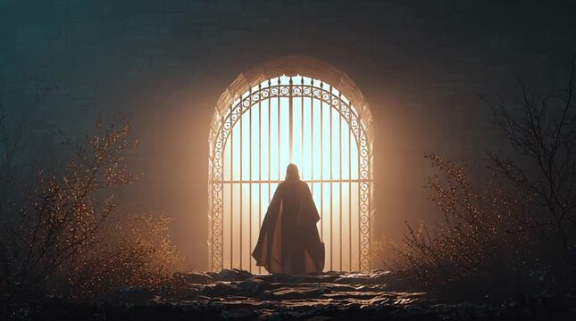 Figure in cloak standing before arched gate with bright light shining through in dark atmosphere