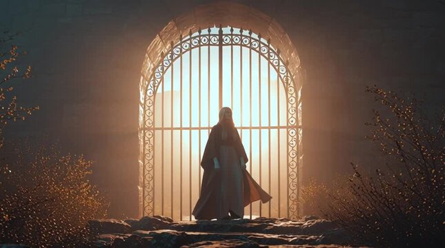 Person in a cloak standing before an ornate gate bathed in ethereal light and shrouded in thick fog