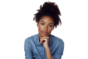 Stylish African woman looks contemplative in a studio shot with a denim jacket for branding, product photography, or social media.