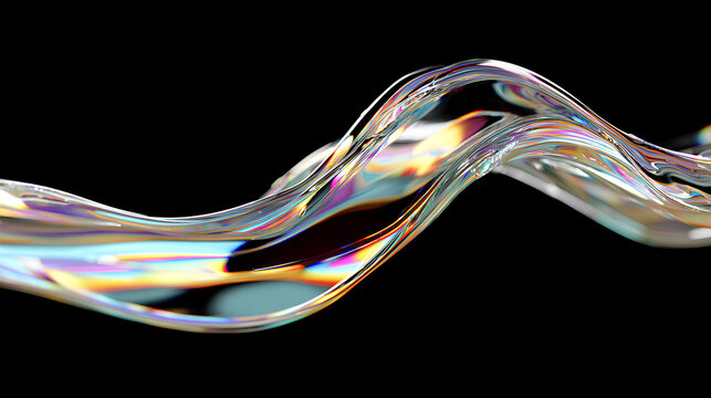 3d abstract liquid glass transparent clear ribbon water wave line render. Iridescent fluid flow curve shape with holographic gradient texture, dispersion light, flying design element Stock Illustratio