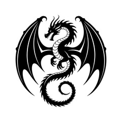 Naklejka premium silhouette of a fierce dragon coiled in flight vector art