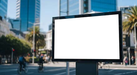 Fototapeta premium Billboard Mockup in Urban Setting, Advertisement Space in City with Cyclists and Modern Buildings, Blank Billboard Sign for Marketing and Promotion on Busy Street