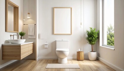 Bright Minimalist Bathroom with Wooden Accents Artwork and Natural Light.