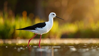 Obraz premium Black-winged stilt in shallow water at dawn