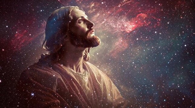 Portrait of jesus christ against a backdrop of a vibrant and colorful cosmic nebula scene