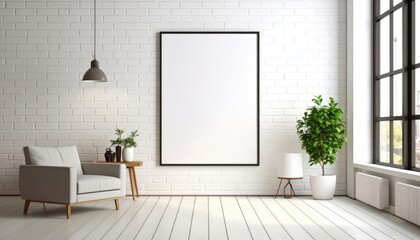 Bright Minimalist Interior with Blank Frame Armchair and Green Plant.