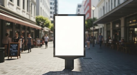 Urban Billboard Mockup in a Bustling City Center, Advertising Stand on a Busy Downtown Street with Pedestrians and Shops