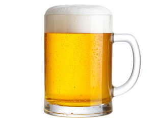 Frosty Beer Mug with Golden Lager and Rising Foam, Front Angle View, Transparent PNG