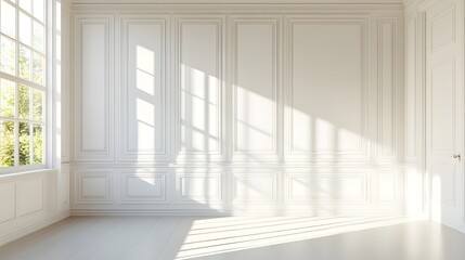 Fototapeta premium Bright sunlight streams into an empty white room with window and paneling.