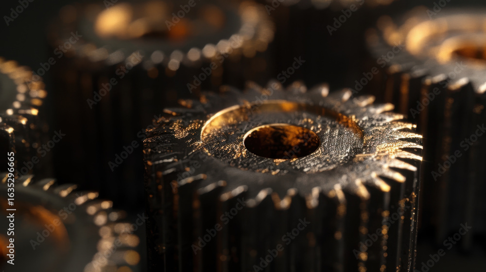 Poster metal gears with intricate details and shiny, golden finish create visually striking composition. cl