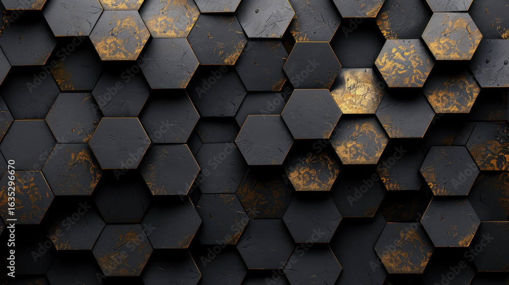 Aufkleber textured hexagonal tiles create striking pattern with blend of black and gold tones, showcasing mode