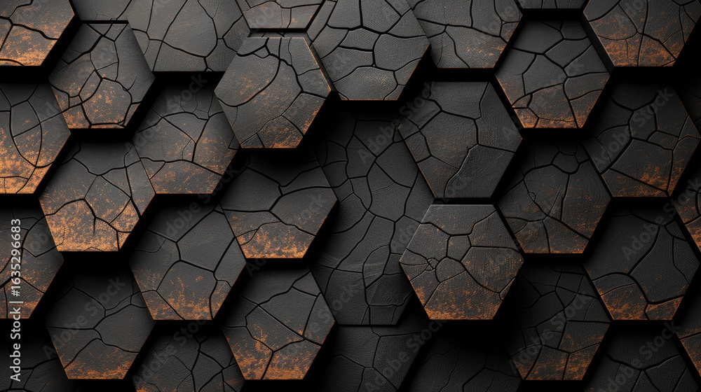 Poster textured hexagonal tiles with cracked surface and rust accents create striking visual contrast again