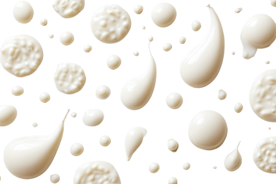Abstract pattern of white creamy liquid droplets and blobs on black background