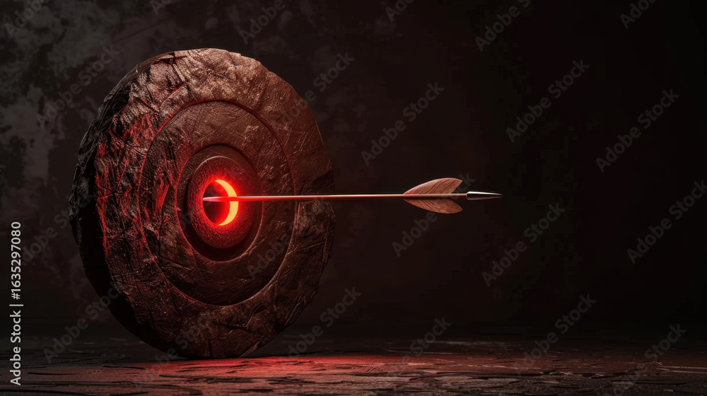 Poster striking image of target with arrow embedded in center, illuminated by glowing red light, creating d