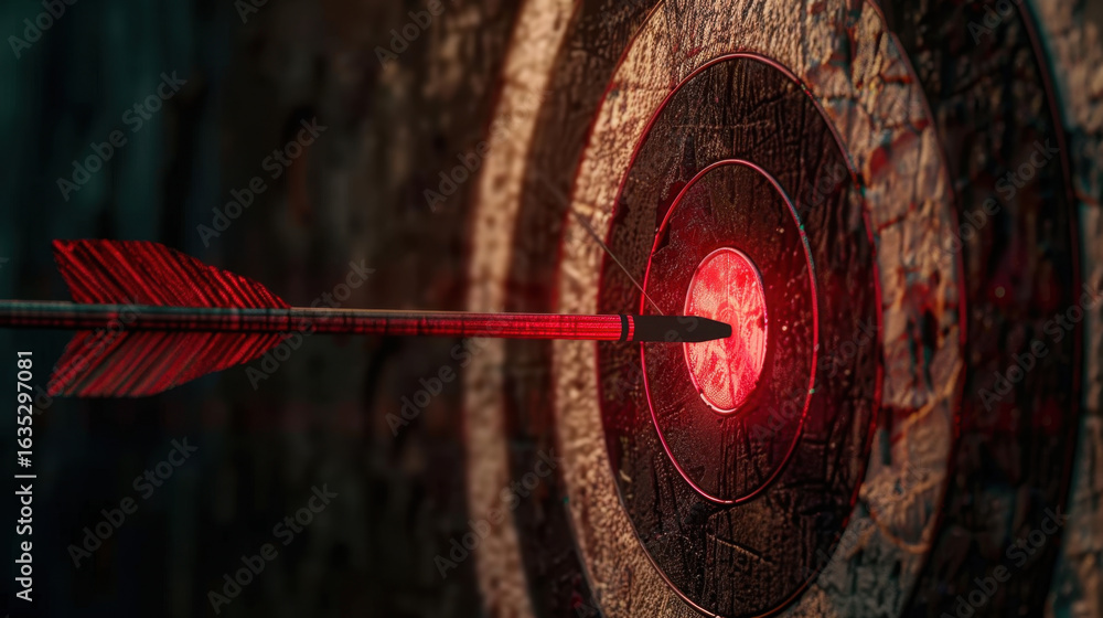 Poster close up view of arrow striking center of target, showcasing precision and focus. target features te