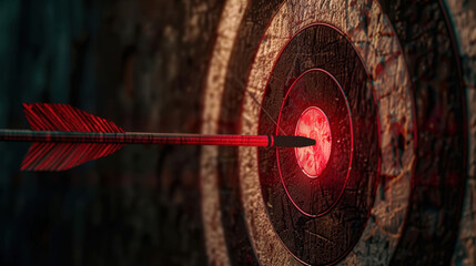 Close up view of arrow striking center of target, showcasing precision and focus. target features textured surface with vibrant red bullseye, symbolizing achievement and success