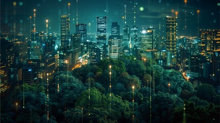 Cityscape with futuristic technology, blending nature and urban life, suggesting a digital transformation