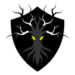 Scary tree emblem with glowing eyes on a black shield