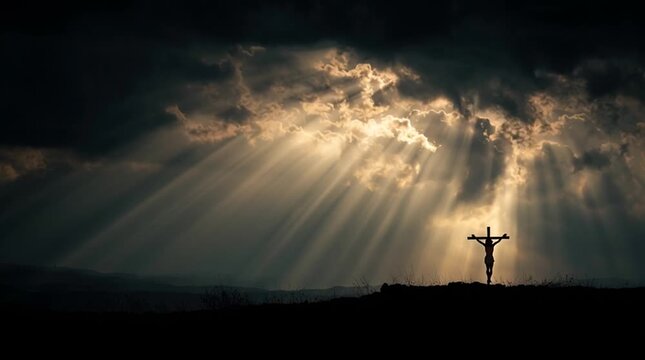 Silhouette of jesus christ on the cross against dramatic sky with sun rays and dark clouds above