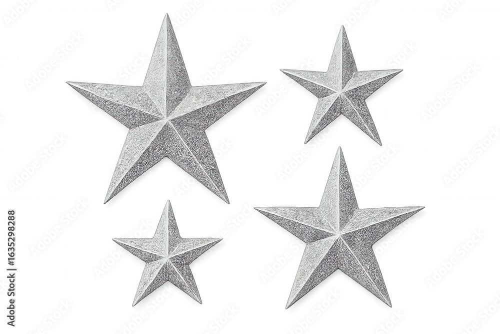 Poster four silver glitter five-pointed stars of different sizes creating a festive atmosphere, isolated on