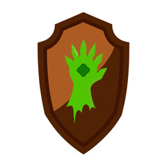 Green monster hand trophy on a shield