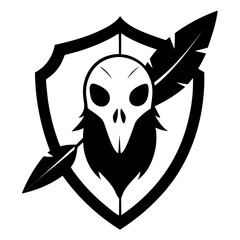Stylized bird skull emblem with feather and shield