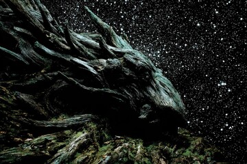 Ancient tree roots, dragon-like, against a star-filled night sky