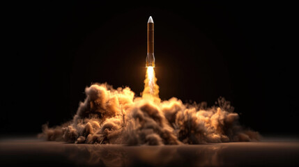 Rocket launches into sky, surrounded by cloud of smoke and flames, symbolizing innovation and exploration. powerful ascent captures excitement of space travel and technology
