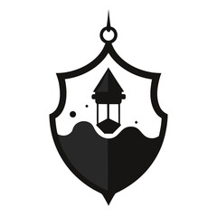 Shield emblem with hanging lantern and water motif