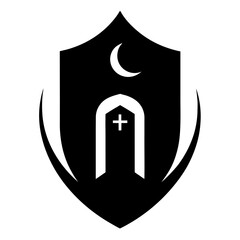 Black shield with gothic archway moon and cross emblem