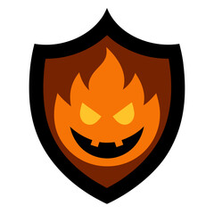 Fiery pumpkin shield emblem with spooky grin