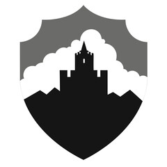 Castle silhouette on mountain landscape within a shield emblem
