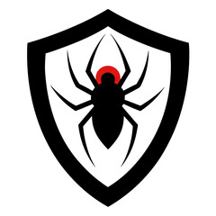 Black spider with red marking on shield logo