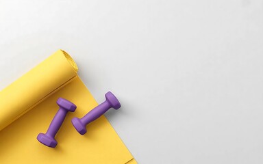 Fototapeta premium Vibrant Yellow Yoga Mat and Purple Dumbbells for a Home Workout