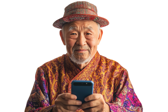 Colorful elder uses blue phone. Isolated photo highlights digital inclusion. Suitable for stock, ads, presentations.
