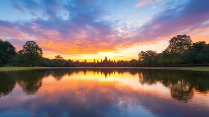 Obraz premium Colorful sunset reflection over tranquil lake with silhouette trees and structure