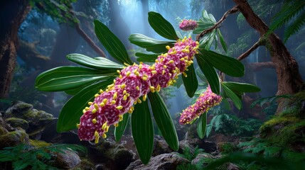 Tropical Flower Branch - Exotic Bloom, Forest Leaves