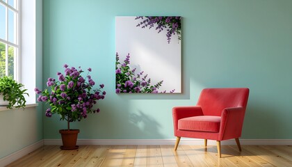 Interior with Red Armchair, Purple Flowers, and Floral Art on Light Blue Wall