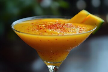 Vibrant mango margarita with chili powder and mango garnish. Showcase fresh tropical drinks in restaurant and cocktail recipes.