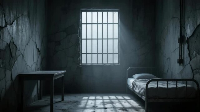Inside a desolate, dark prison cell or abandoned room with a barred window and light rays piercing through the gloom, featuring a simple bed and table, evoking solitude and confinement.
