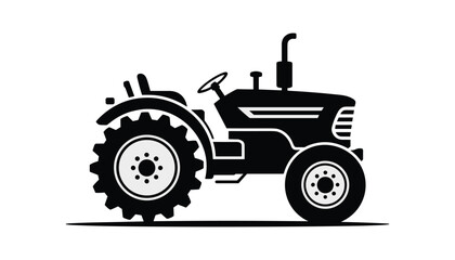 Black silhouette of farm tractor with large rear wheel and small front wheel, agricultural machinery vector illustration isolated on white background.