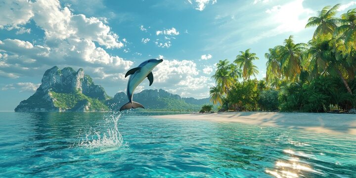A crystal-clear ocean scene where a dolphin leaps joyfully from the water - Powered by Adobe