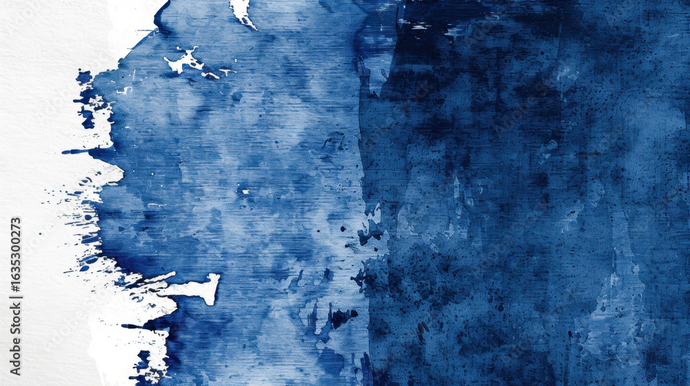 Poster abstract blue watercolor texture with deep shades and splashes, creating calming and artistic backgr