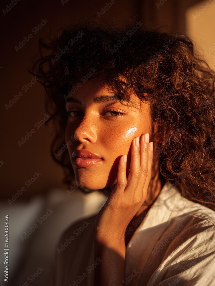 Poster woman enjoys skincare routine with moisturizing cream in warm light within a minimalist setting