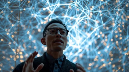 Man with glasses looking up at illuminated network of lights with hands raised in wonderment