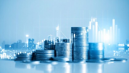 Dynamic Financial Growth Concept Stacked Coins and Rising Market Graphs Over a Modern Cityscape, Symbolizing Global Economy and Strategic Investments.