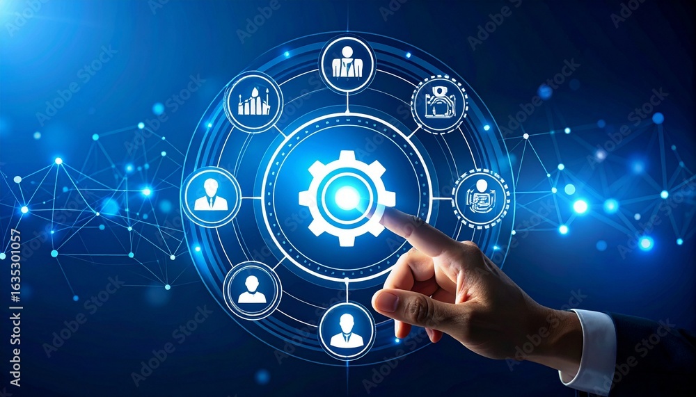 Poster modern digital transformation with a hand activating smart technology for business process automatio