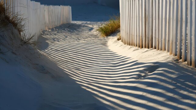 Beach Sand Fence Shadows: Coastal Landscape & Vacation Vibes