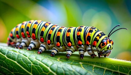 Vibrant Colorful Caterpillar on Green Leaf Close-up